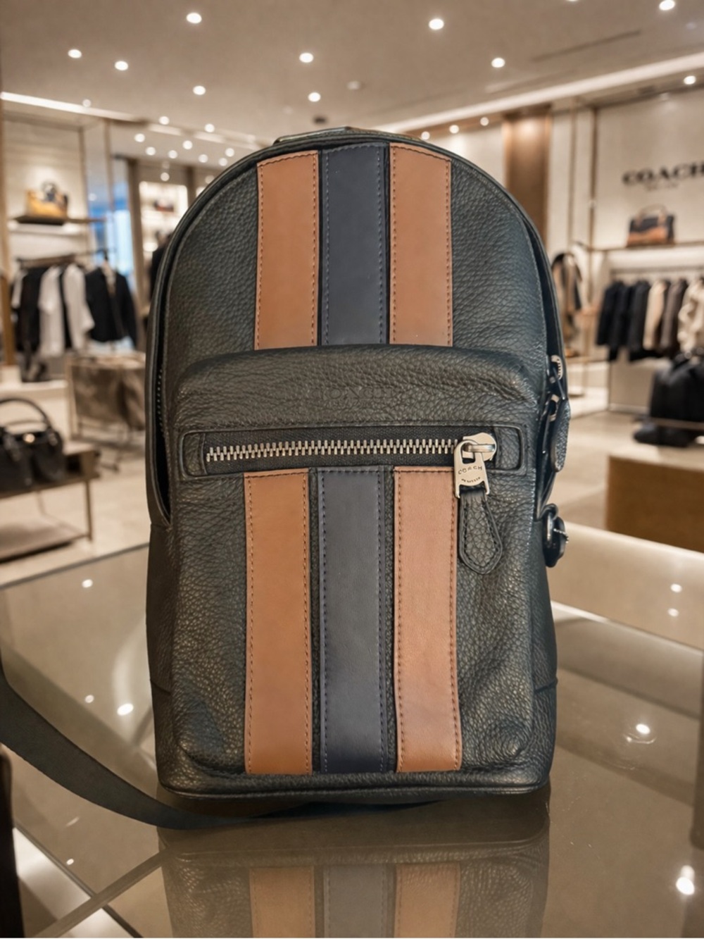 COACH Mens West Pack Varsity Stripe Leather Crossbody
